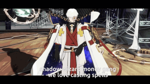 A Video Game Character Says " Shadow Wizard Money Gang We Love Casting Spells " At The Bottom GIF
