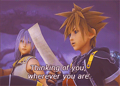 A Video Game Character Says " Thinking Of You Wherever You Are " While Holding A Piece Of Paper GIF