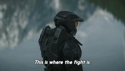 A Video Game Character Says " This Is Where The Fight Is " While Wearing A Black Helmet GIF
