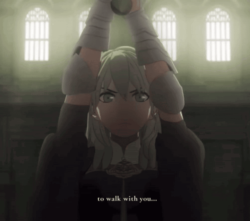 A Video Game Character Says " To Walk With You " In A Dark Room GIF