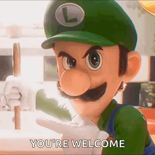 A Video Game Character Says " You 'Re Welcome " While Wearing A Green Hat GIF