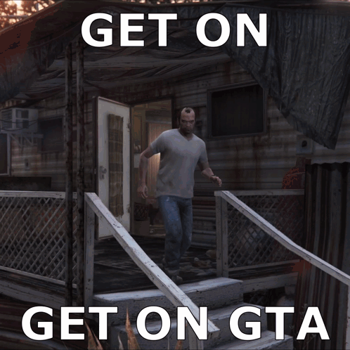 A Video Game Character Standing On Stairs With The Words Get On Get On Gta GIF