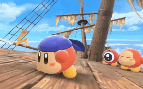 A Video Game Character Wearing A Bandana Is Walking On A Wooden Dock GIF