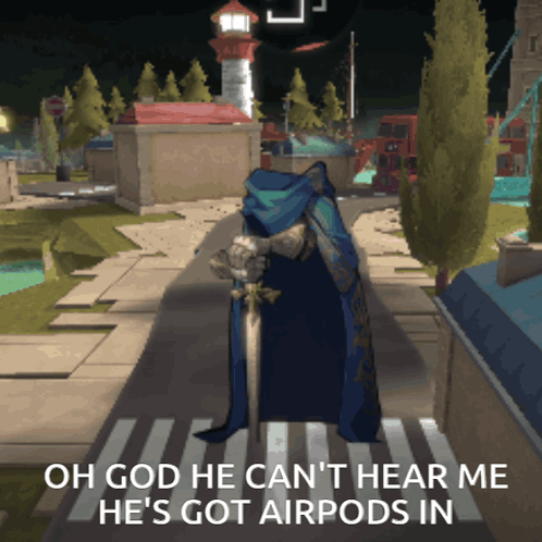 A Video Game Character With A Cape And Sword Says Oh God He Can 'T Hear Me GIF