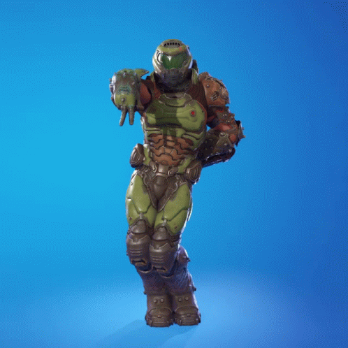 A Video Game Character With A Helmet And Armor Is Dancing On A Blue Background GIF