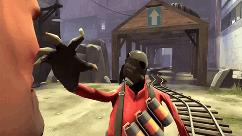 A Video Game Character With A Helmet That Says " Pyro " GIF