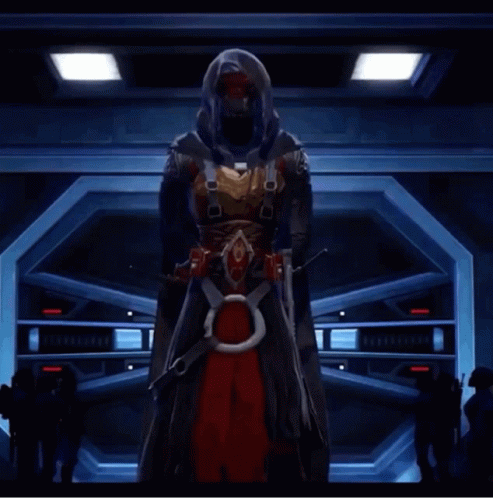A Video Game Character With A Hood Is Standing In A Dark Room Holding A Sword GIF