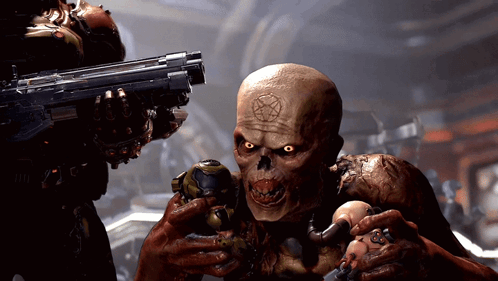 A Video Game Character With A Pentagram On His Head Holds A Skull GIF