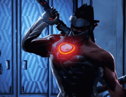 A Video Game Character With A Red Light On His Chest Holds A Sword GIF
