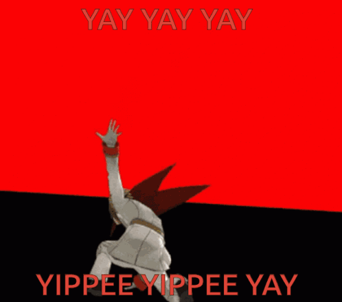 A Video Game Character With A Red Mask Says Yay Yay Yay GIF