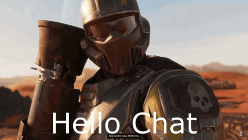 A Video Game Character With A Skull On His Arm And The Words Hello Chat GIF