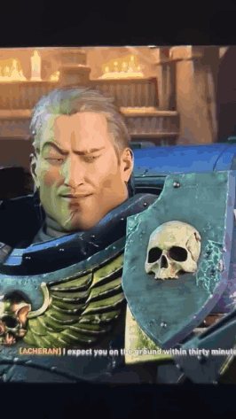 A Video Game Character With A Skull On His Shield Says " Acheran " GIF
