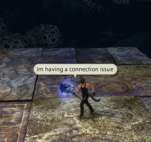 A Video Game Character With A Speech Bubble That Says " Im Having A Connection Issue " GIF