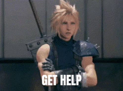 A Video Game Character With A Sword And The Words Get Help GIF