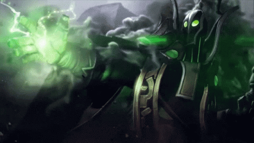 A Video Game Character With Green Eyes And Horns Is Surrounded By Green Smoke . GIF