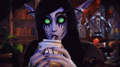 a video game character with green eyes drinking from a cup with a straw