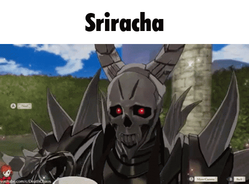 A Video Game Character With Horns And The Name Sriracha On The Top GIF