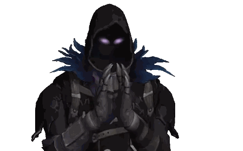a video game character with purple eyes and a hood is praying