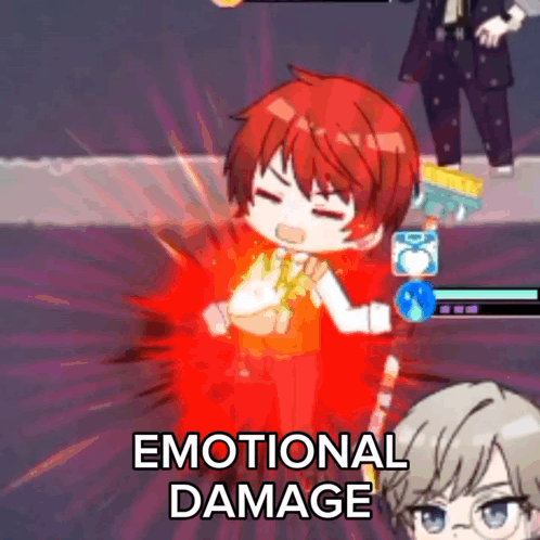 A Video Game Character With Red Hair Is Being Hit By An Emotional Damage Attack . GIF