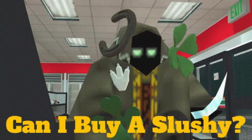 A Video Game Character With The Words Can I Buy A Slushy On The Bottom GIF