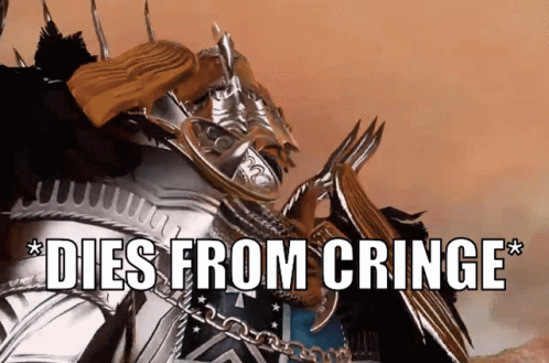 A Video Game Character With The Words Dies From Cringe On The Bottom GIF