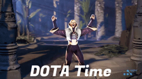 A Video Game Character With The Words " Dota Time " On The Bottom Right GIF