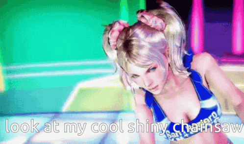 A Video Game Character With The Words Look At My Cool Shiny Chainsaw On The Bottom GIF