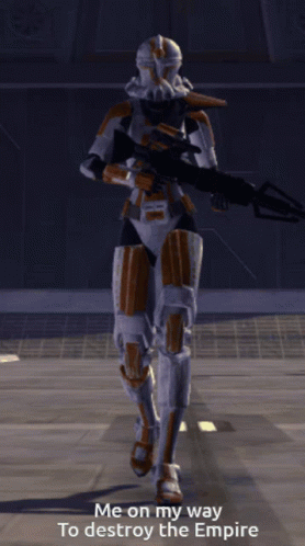 A Video Game Character With The Words Me On My Way To Destroy The Empire Below Him GIF