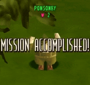 a video game character with the words mission accomplished on it
