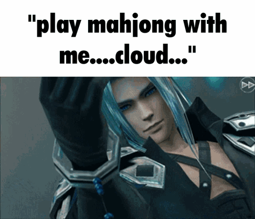 A Video Game Character With The Words " Play Mahjong With Me Cloud " GIF