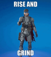 A Video Game Character With The Words Rise And Grind Written On It GIF