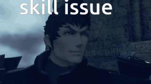 A Video Game Character With The Words Skill Issue Written Above Him GIF