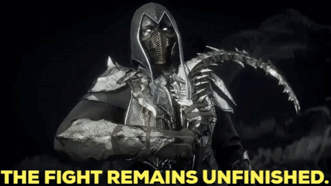 A Video Game Character With The Words " The Fight Remains Unfinished " On The Bottom GIF