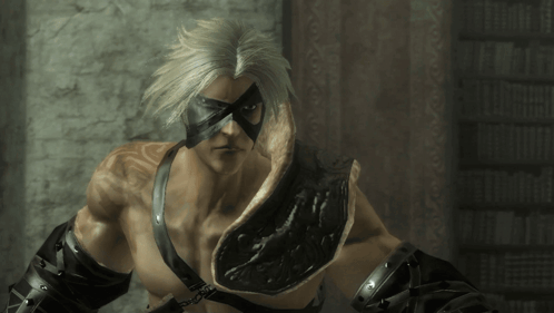 A Video Game Character With White Hair And A Black Mask GIF
