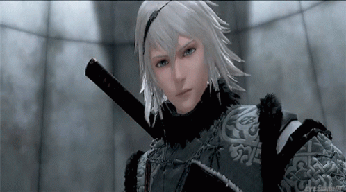 A Video Game Character With White Hair And A Sword In His Hand GIF