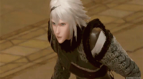 A Video Game Character With White Hair Is Standing On A Tiled Floor GIF