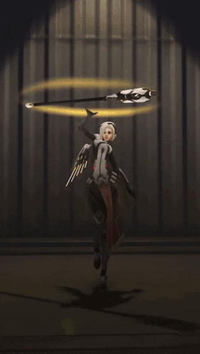 A Video Game Character With Wings And A Cane In A Dark Room GIF