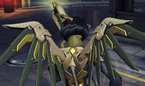 A Video Game Character With Wings And A Gun Has The Number 11 On Her Back GIF