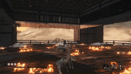 A Video Game Is Being Played In A Room Filled With Flames GIF