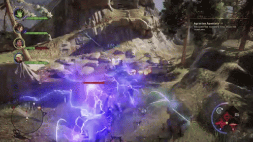 A Video Game Is Being Played With A Purple Lightning Bolt Coming Out Of The Ground GIF