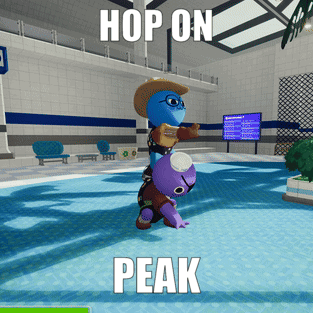 A Video Game Says Hop On Peak And Has A Turtle On Top Of A Purple Stuffed Animal GIF