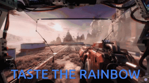 a video game says taste the rainbow in blue