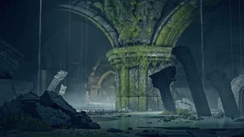 A Video Game Scene Of A Ruined Building With A Pillar Covered In Moss GIF