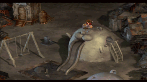 A Video Game Scene With A Boy Standing On A Slide GIF