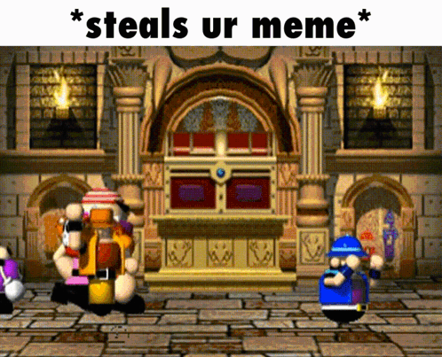 A Video Game Scene With A Caption That Says " Steals Ur Meme * " GIF