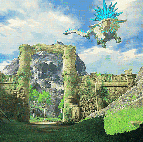 A Video Game Scene With A Dragon Flying Over A Stone Archway GIF