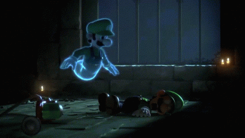A Video Game Scene With A Ghost Of Luigi And Mario Laying On The Ground GIF
