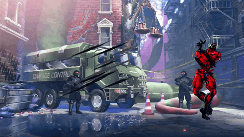 a video game scene with a green truck that says damage control on it