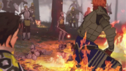 A Video Game Scene With A Group Of Soldiers In Armor Fighting A Fire GIF