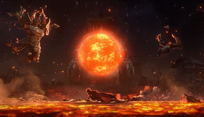 a video game scene with a large red sun in the middle